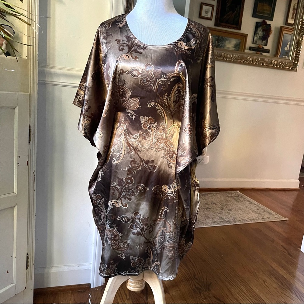 Vintage Gold 60s 70s silky Paisley Kaftan Mini butterfly Dress Angel Sleeves - Picture 15 of 16